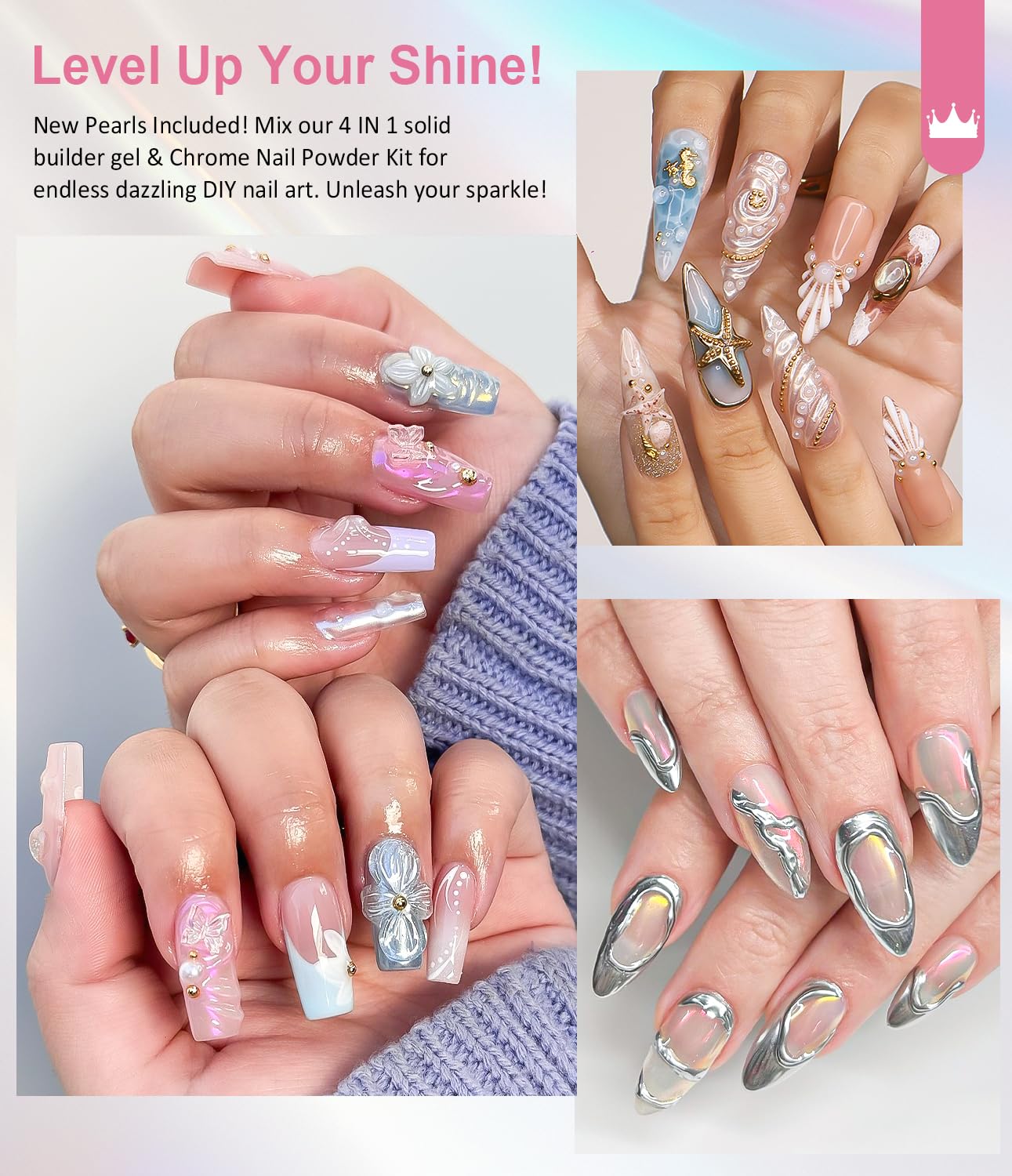 Solid Builder Gel and Chrome Nail Powder Kit BISHENGYF: 4 In 1 No Wipe 3d Sculpting Nail Gel Silver Aurora White Pearl Chrome Nail Powder Clear Non-Sticky Hand Extension Glue for Nail Decoration 30g