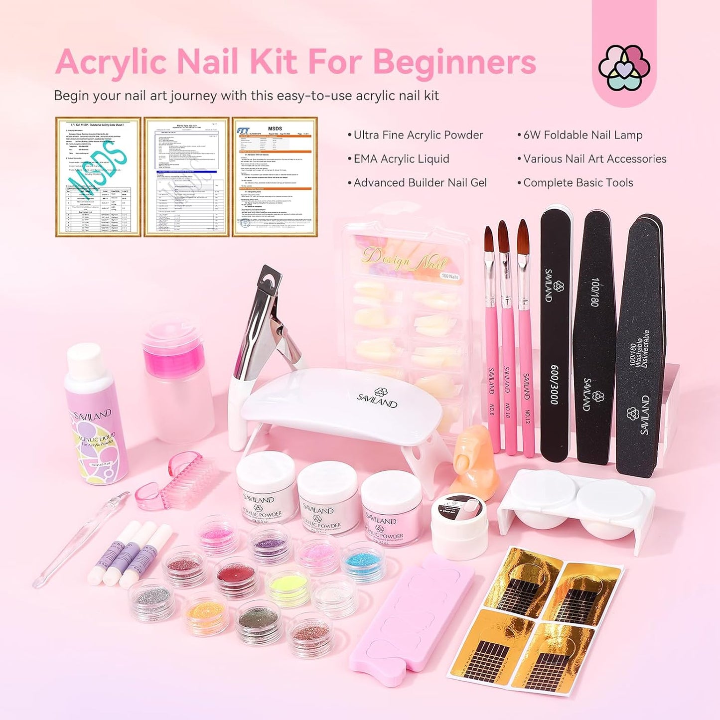 Saviland Acrylic Nail Kit for Beginners Practice: Keratin Acrylic Powder Monomer Liquid Brush Clippers Nail Lamp Complete Tools Everything 100 Nail Tips Home Starters