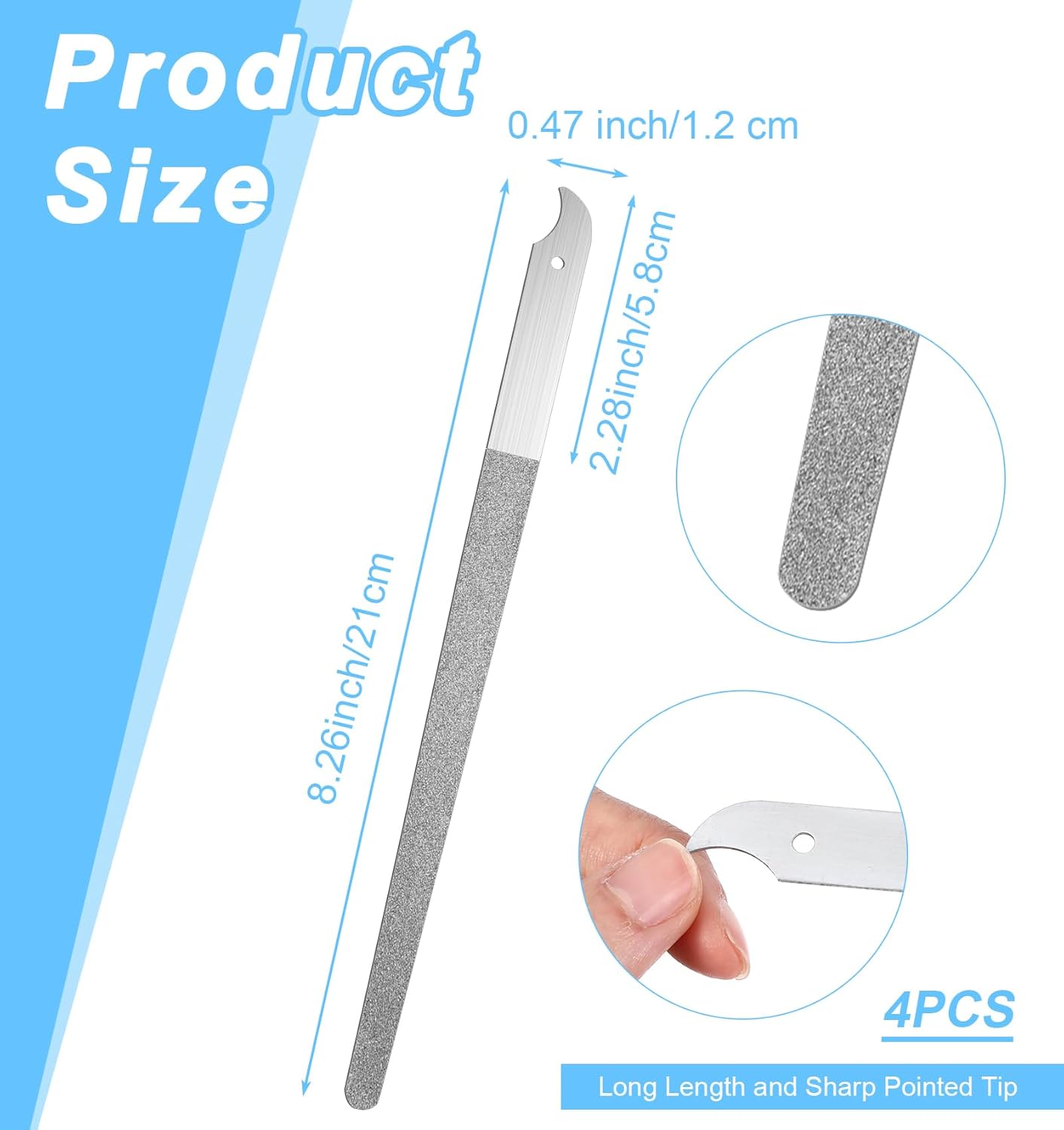 4Pcs Diamond Nail File, 8 Inch Stainless Steel Curved Tip Diamond Dust Nail File, Double Sided Abrasive for Professional Manicure Pedicure Salon Home Use