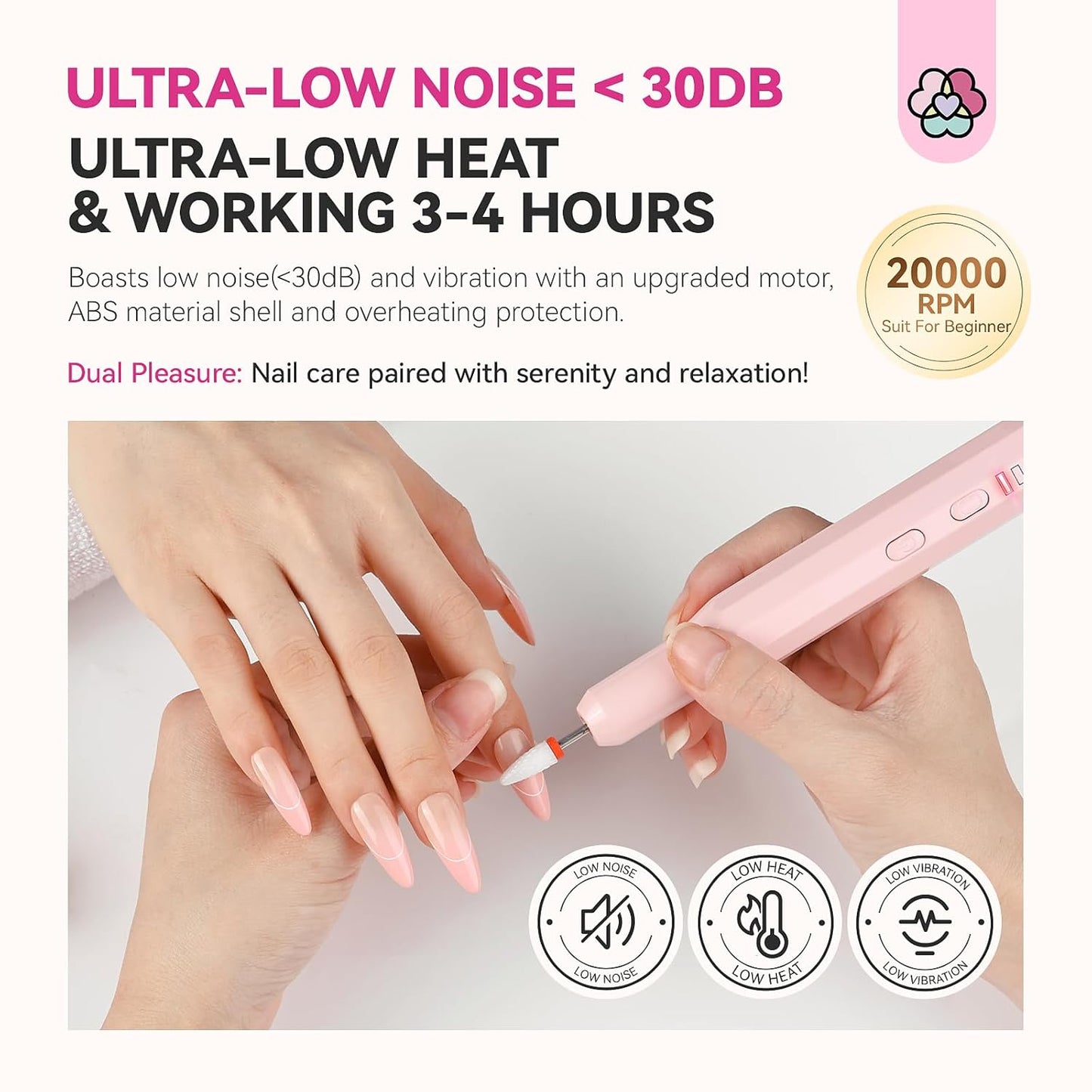 SAVILAND Cordless Nail Drill Kit: Ultra Low Noise 20000RPM Rechargeable Electric Nail File Portable Low Heat Nail Drill Machine with Complete Bits for Beginner Manicure Pedicure Home