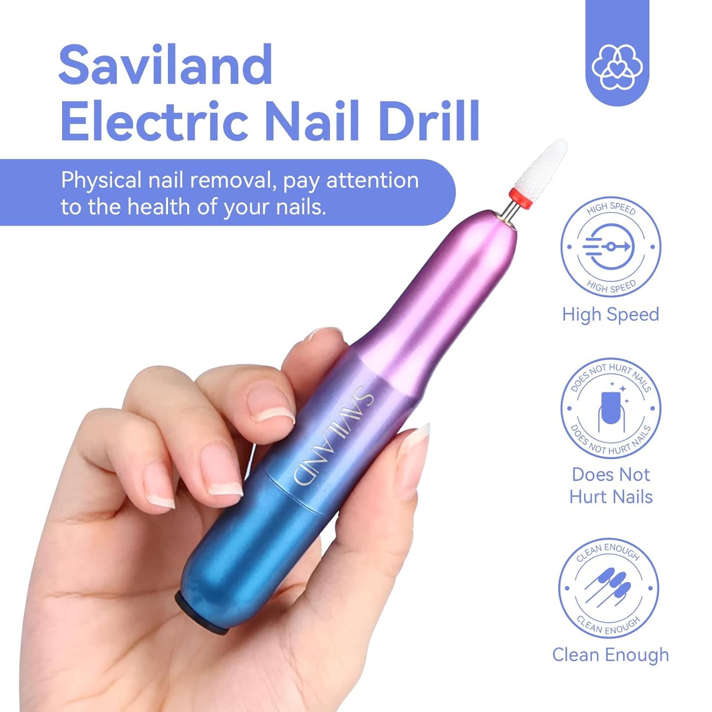 SAVILAND Portable Electric Nail Drill - 20000 RPM USB Electric Nail File with 7 Nail Drill Bits & 51 Sanding Bands for Nail Prep Acrylic Nails Dip Nails Gel Nails Home Salon Use