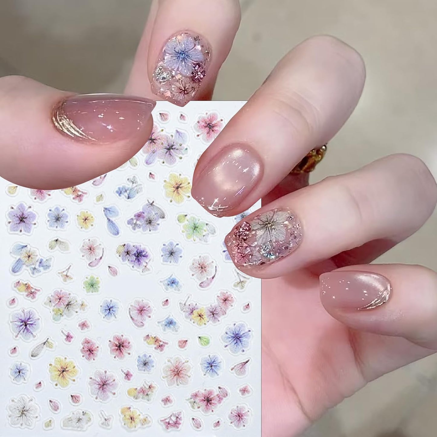 3 Sheets Spring Colored Glitter Flowers Nail Art Stickers 3D Self-Adhesive Gradual Smudge Flowers Pink Dried Flower Pattern Pink Petal Design Nail Decals for Women DIY Nail Art Decorations