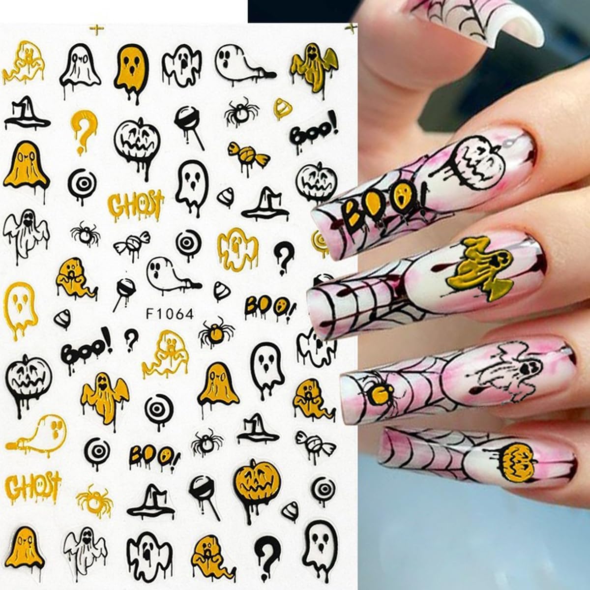 8PCS Halloween Nail Stickers for Nail Art - 3D Metallic Spider Web, Ghost, Pumpkin, Skull, Stars, Cat Designs - Black Gold DIY French Manicure Decor