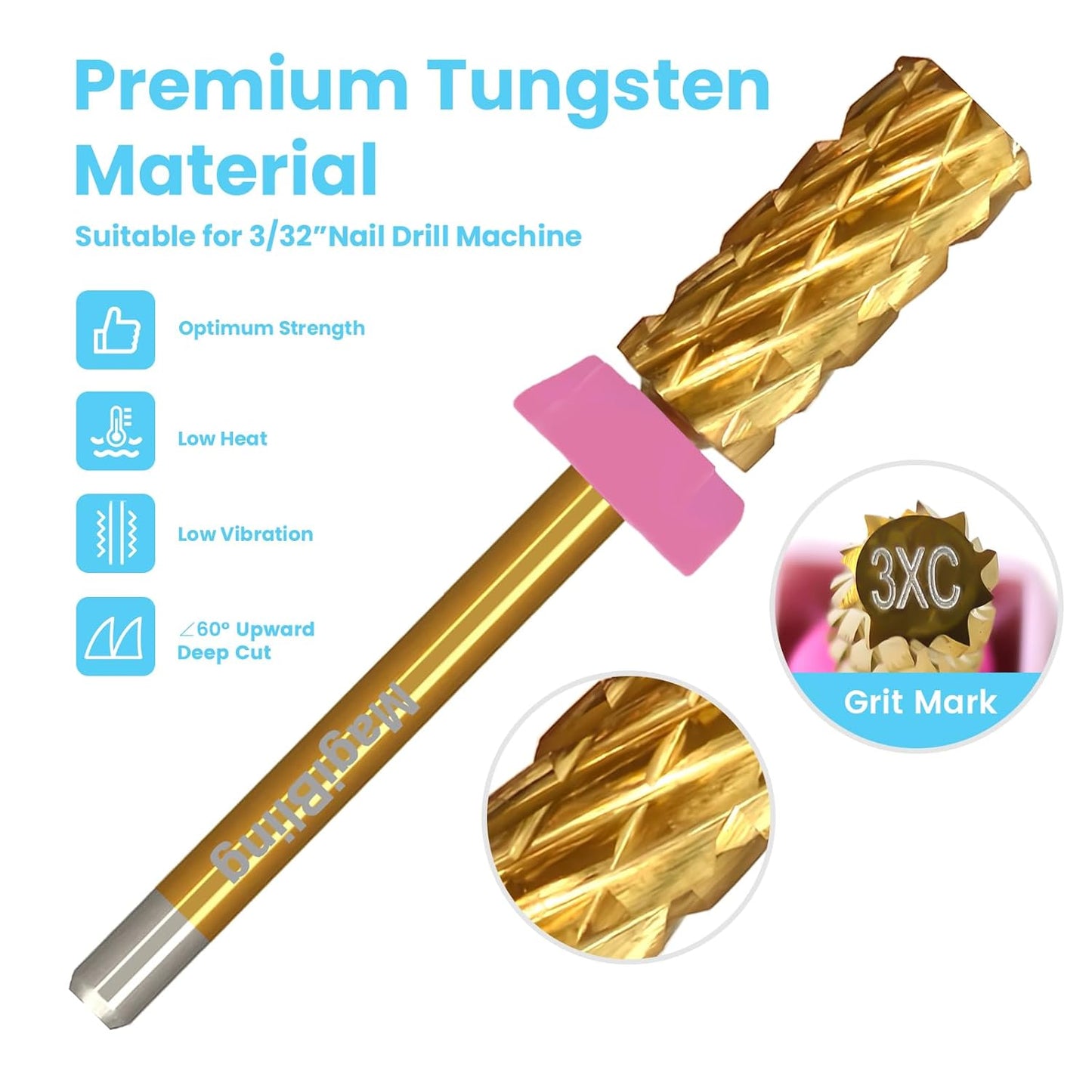 3/32'' Super Cut Nail Drill Bits for Fast Hard Gel Removal, MagiBling Tungsten Carbide Bits for Professional Users, Upward Deep Cut, Right Hand Use, Manicure Cuticle Gel Polishing, Triple Coarse.