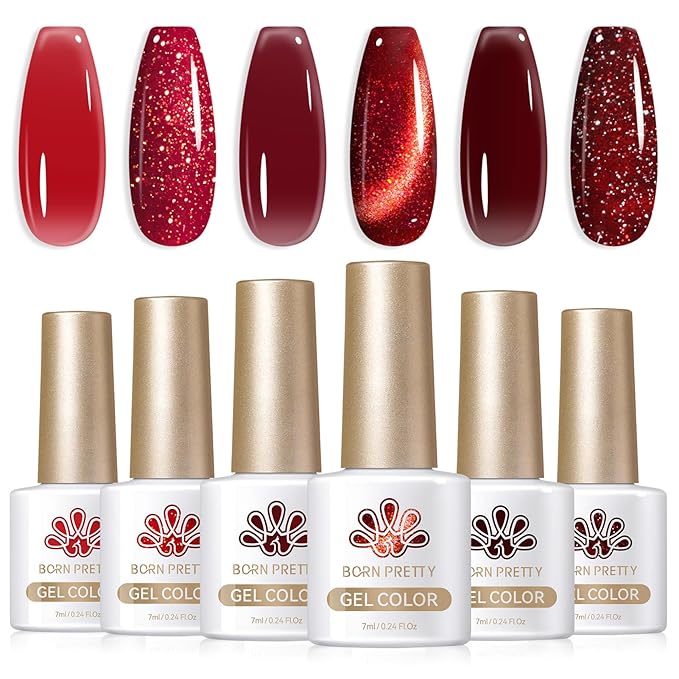 Born Pretty Jelly Burgundy Gel Nail Polish Halloween Ruby Blood Red Glitter Cat Magnetic Eye Gel Nail Polish Cherry Wine Red Gel Polish Collection Soak Off U v Led Gel Nail Kit Minicure DIY Gift 6PCS