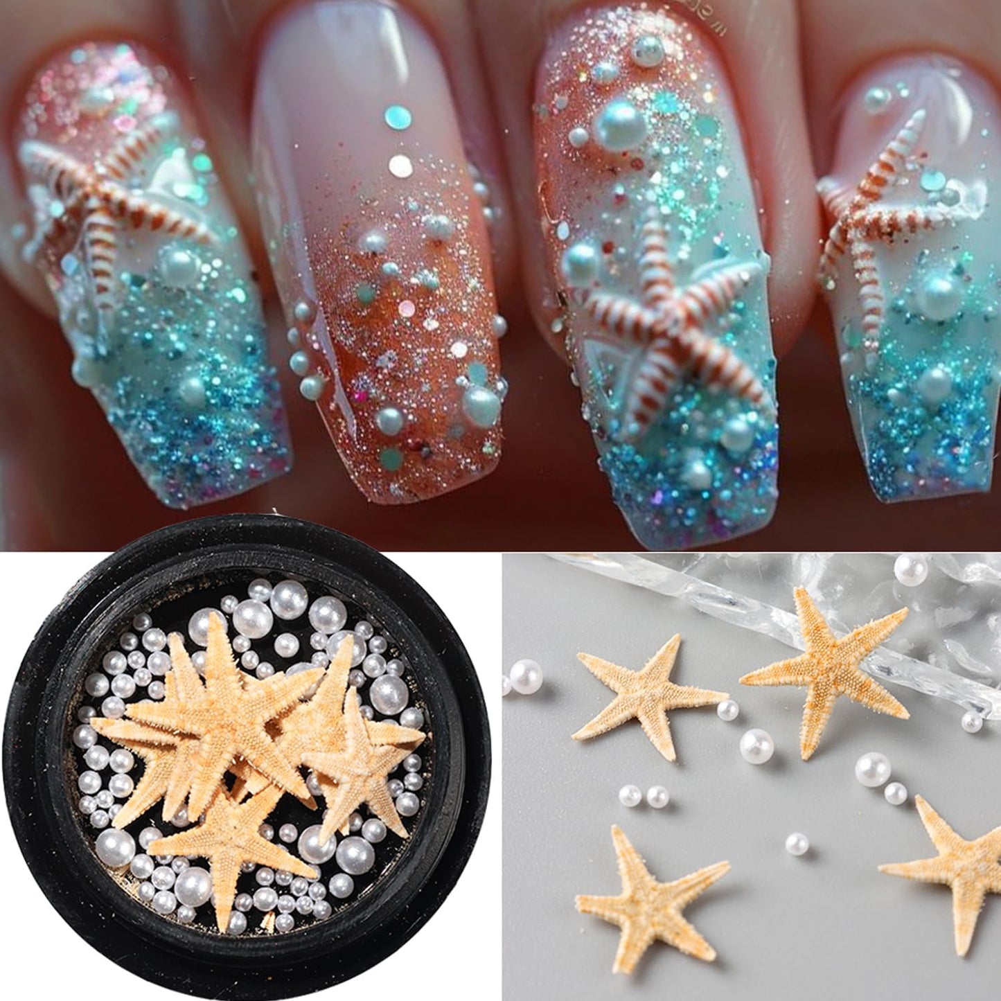Summer Nail Art Rhinestones Ocean Nail Charm Shiny Shell Starfish Pearl Nail Design 3D Beach Theme Summer Nails Cute Nail Charm for Acrylic Nail Supplies DIY Crafts Manicure Decoration Accessories