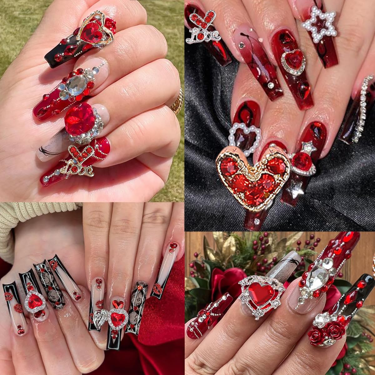 Valentines Gold & Silver Heart Nail Charms - 14 Pcs Luxury Alloy 3D Rhinestones for Crown Nails Art