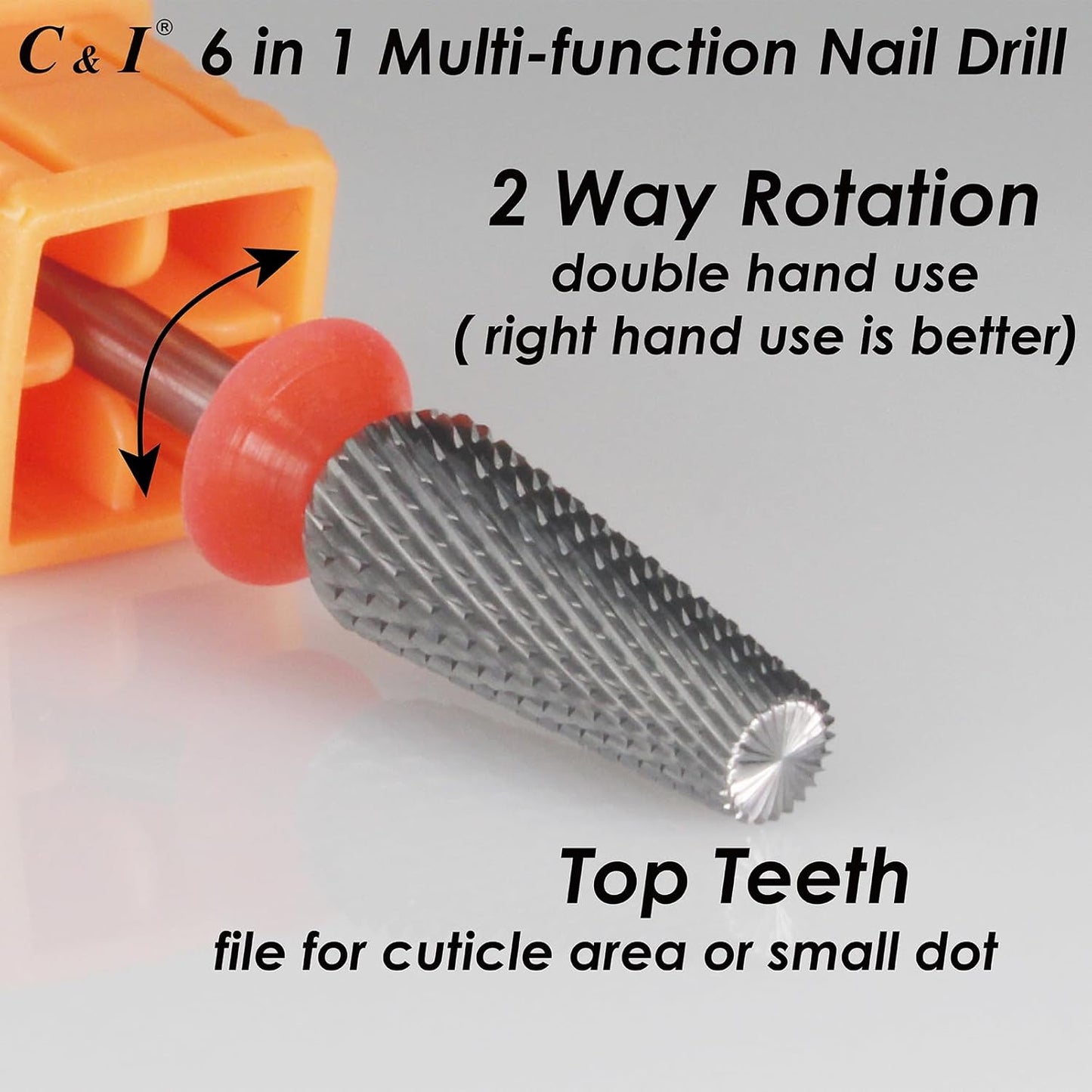 C & I Nail Drill Bit 6 in 1 Multi-function Rounded End E File, Tungsten Steel CNC Overall Cutting, Manicure Tool for Nail Tech Quick Remove Nail Gels, Acrylic Nails (Original, Fine -F)