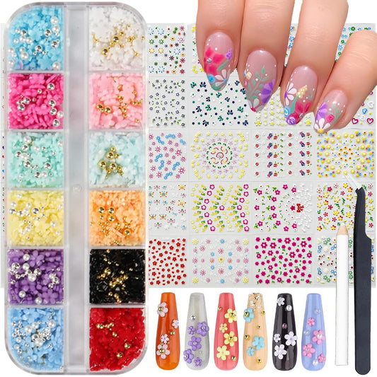 Flower Nail Charms Nail Art Kit with 30 Sheets Flower Nail Stickers 12 Boxes Colorful Flower with Rhinestone Nail Supplies 3D Nail Charms,Flower Nail Decals for Women Acrylic DIY Nail Art Decoration