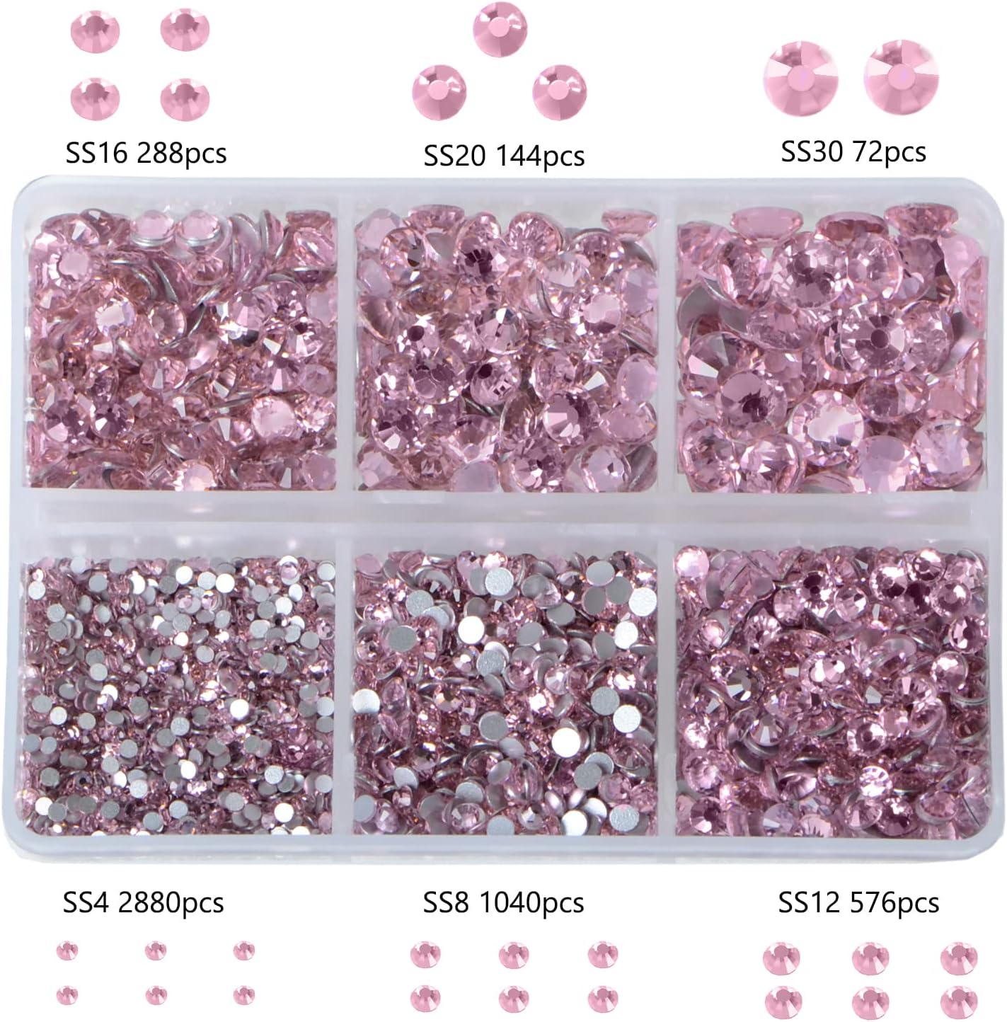 Bymitel 5000 Pieces 6 Mixed Sizes Glue Fix on Glass Rhinestones Round Crystal Gems Flatback for DIY Jewelry Making with one Picking Pen(6-Sizes 5000PCS, Lt. Rose)