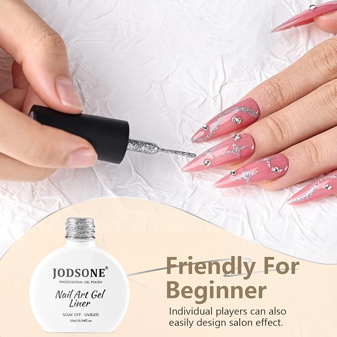 JODSONE 10ml Nail Art Gel Liner Glitter Sliver Gel Nail polish Need U V Lamp Cured with Thin Brush Gift for Girls at Home Salon Design