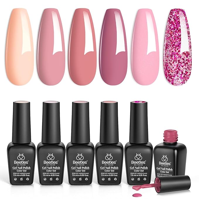 Beetles Purple Gel Nail Polish Set, 6 Colors Nude Deep Purple Pink Glitter Gel Polish Confetti Collection Soak Off Uv Led Nail Art Manicure Kit Gifts for Women