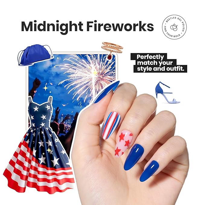 Beetles 4th Nail Polish Set - 6 Colors White Red Blue Nail Polish Kit Sparkle Glitter Fingernail, Quick Dry Long Lasting Beetles Midnight Fireworks Diy Nail Art Design Christmas Gifts for Women