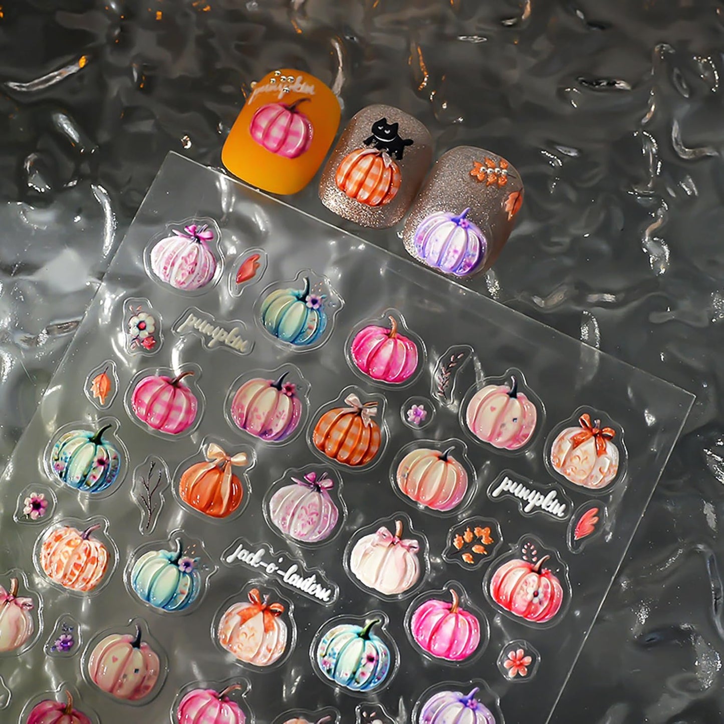 1 Sheets Fall Nail Decals for Nail Art 5D Self-Adhesive Embossed Pumpkin Nail Art Stickers Autumn Colorful Pumpkin Nail Stickers Thanksgiving Nail Design Sticker with Cute Small Flower for Women