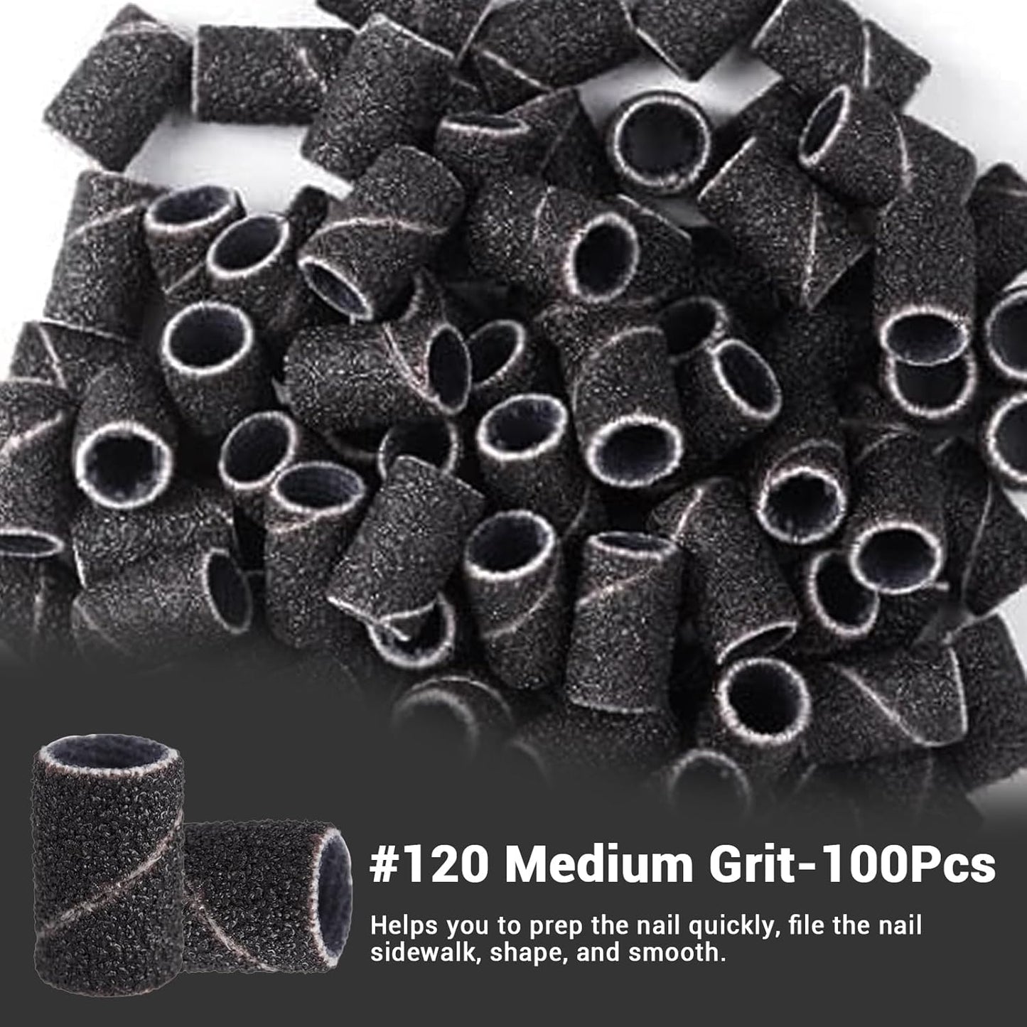 MelodySusie 100 Pcs Nail Drill Bits Sanding Bands for Nail Drill 120 Medium Grit Nail File Sanding Bands for Acrylic Nails Gel Manicures and Pedicure