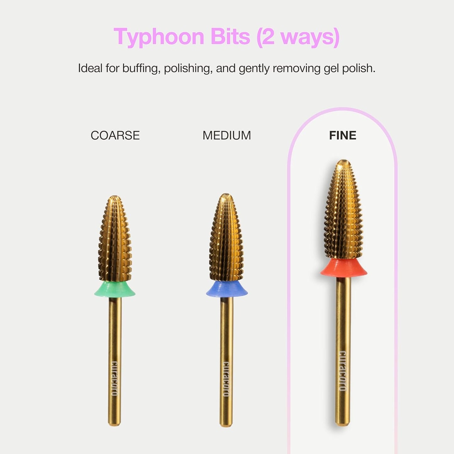 Curacoro Nail Drill Bits 3/32'' - Typhoon Bits, 2 Way, Carbide Bit (Fine) for Gently Removal of Gel Polish, Buffing to Smooth & Shiny Nails, Precise & Easy Control, Nail Art Salon & Home
