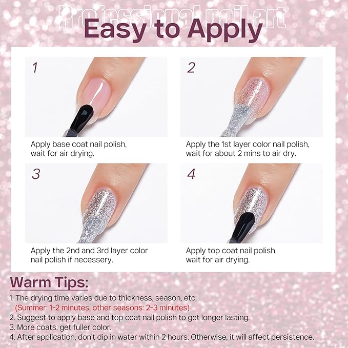 MIZHSE Quick Dry Glitter Pink Nail Polish, Shimmery Nail Polish Air Fast Drying, 15ml High Glossy Sparkly Shiny Nail Lacquer Nail Art Salon Manicure Home