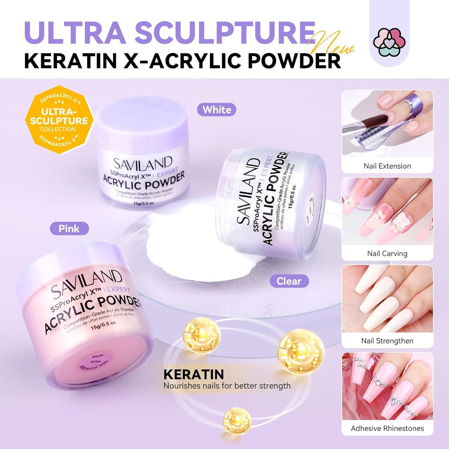 SAVILAND SSPro Acrylic Nail Kit: Clear White Pink Acrylic Powder for Beginners Acrylic Liquid Set with Brush Nail Practice Finger Essential Oil for Acrylic Nails Extension Christmas Gift Home DIY