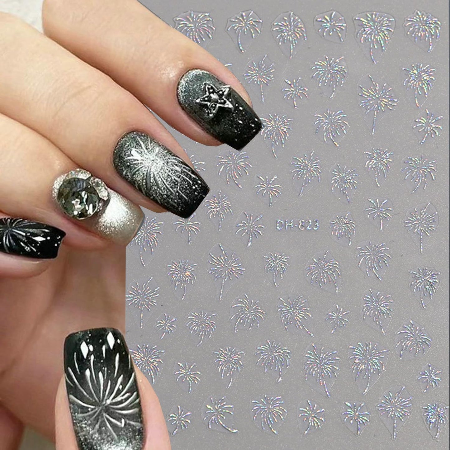 6Sheets Firework Nail Stickers Decal Aurora Fireworks Nail Art Stickers, 3D Self-Adhesive Romantic Starry Sky Sparkling Fireworks Manicure Supplies for Women DIY Holiday Manicure Decoration