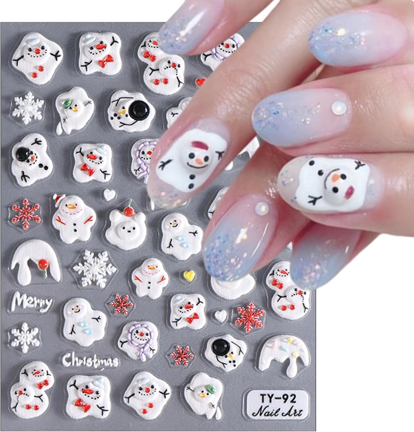 Christmas Nail Art Stickers 5D Embossed Nail Decals Xmas Snowman Winter Red and White Snowflake Design Nail Stickers Decoration for Women Girls 1 Sheet