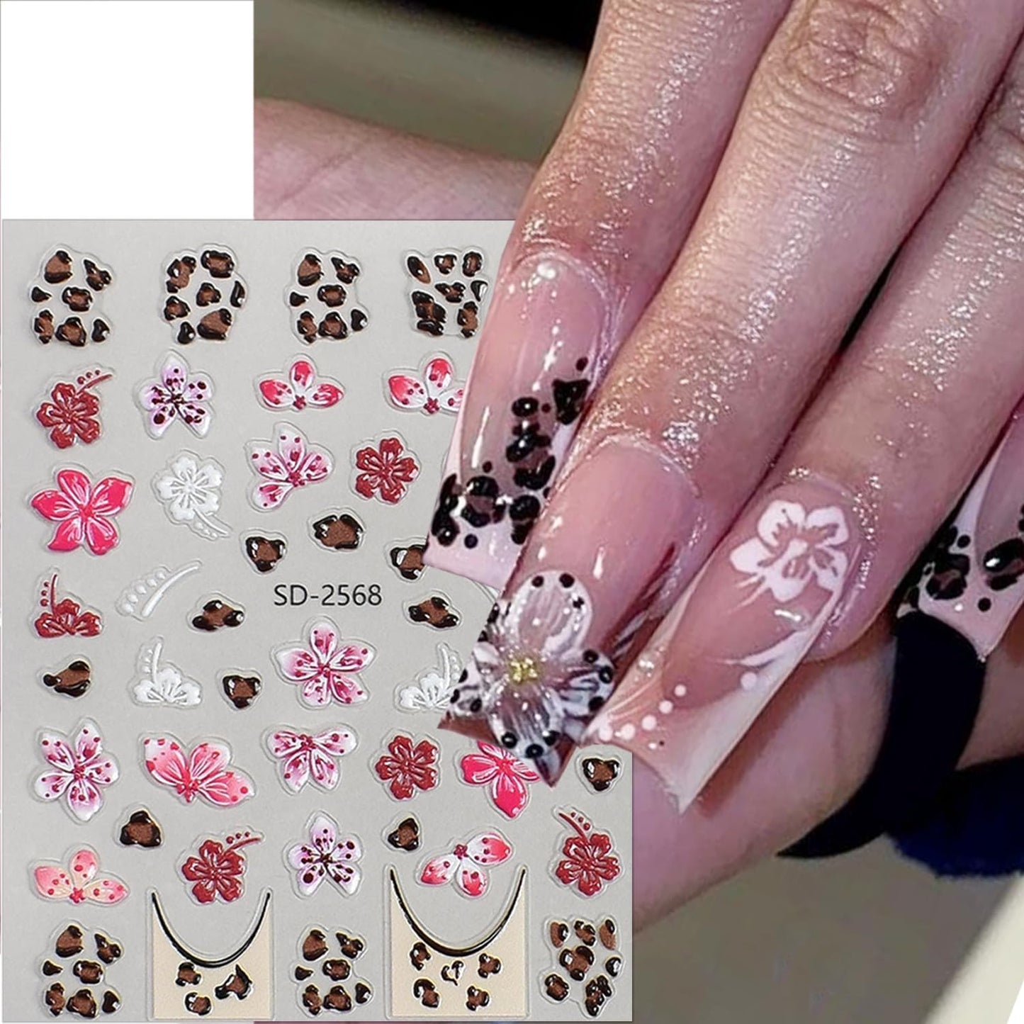 3 Sheets Flower Nail Stickers for Nail Art 5D Self-Adhesive Embossed Cute Floral Nail Art Stickers Leopard Nail Decals Summer Fall Flowers Nail Design Sticker for Women Nails Decoration
