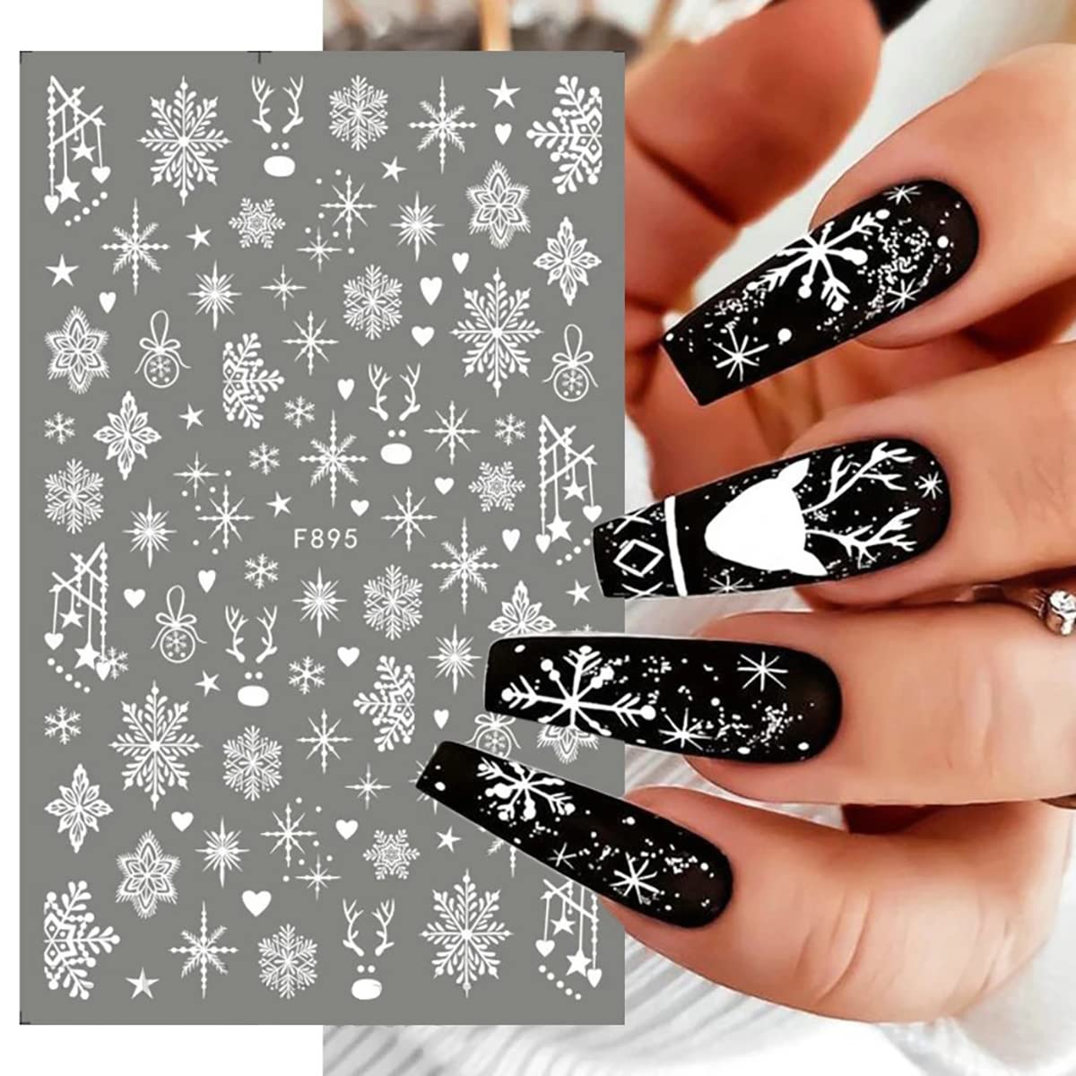 8 Sheets 3D Snowflake Nail Art Stickers Christmas Nail Decals Self-Adhesive White Glitter Snowflake Nail Stickers Reindeer Snowflakes Nail Design Winter Xmas Nail Decoration for Women Girls