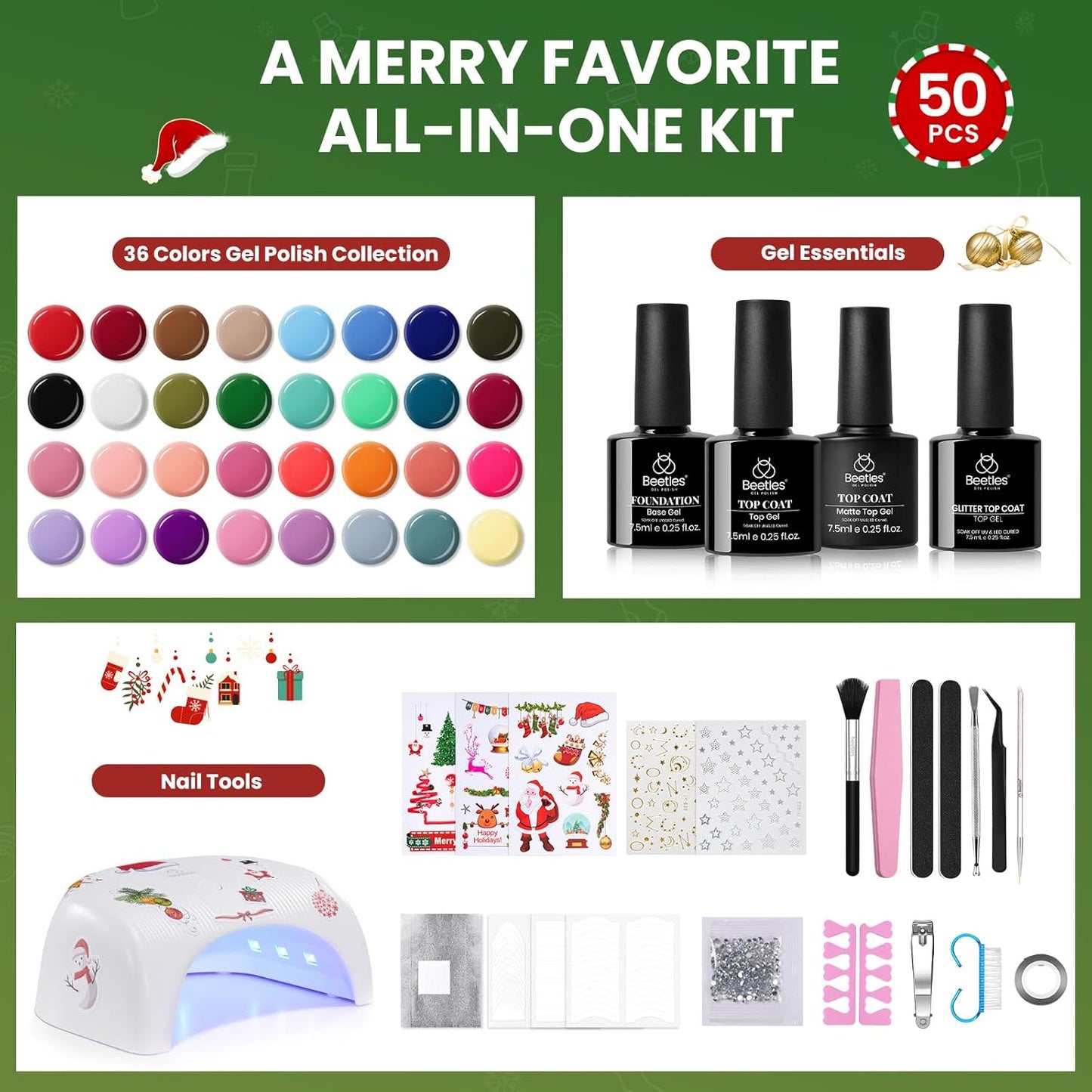 Beetles 55 Pcs Gel Nail Polish Kit with U V Ligh - 32 Color Gel Nail Kit Christmas Gifts for Teens Girls Women Four Seasons Glow Soak Off Red White Winter Nails Art Home Salon DIY Manicure Set