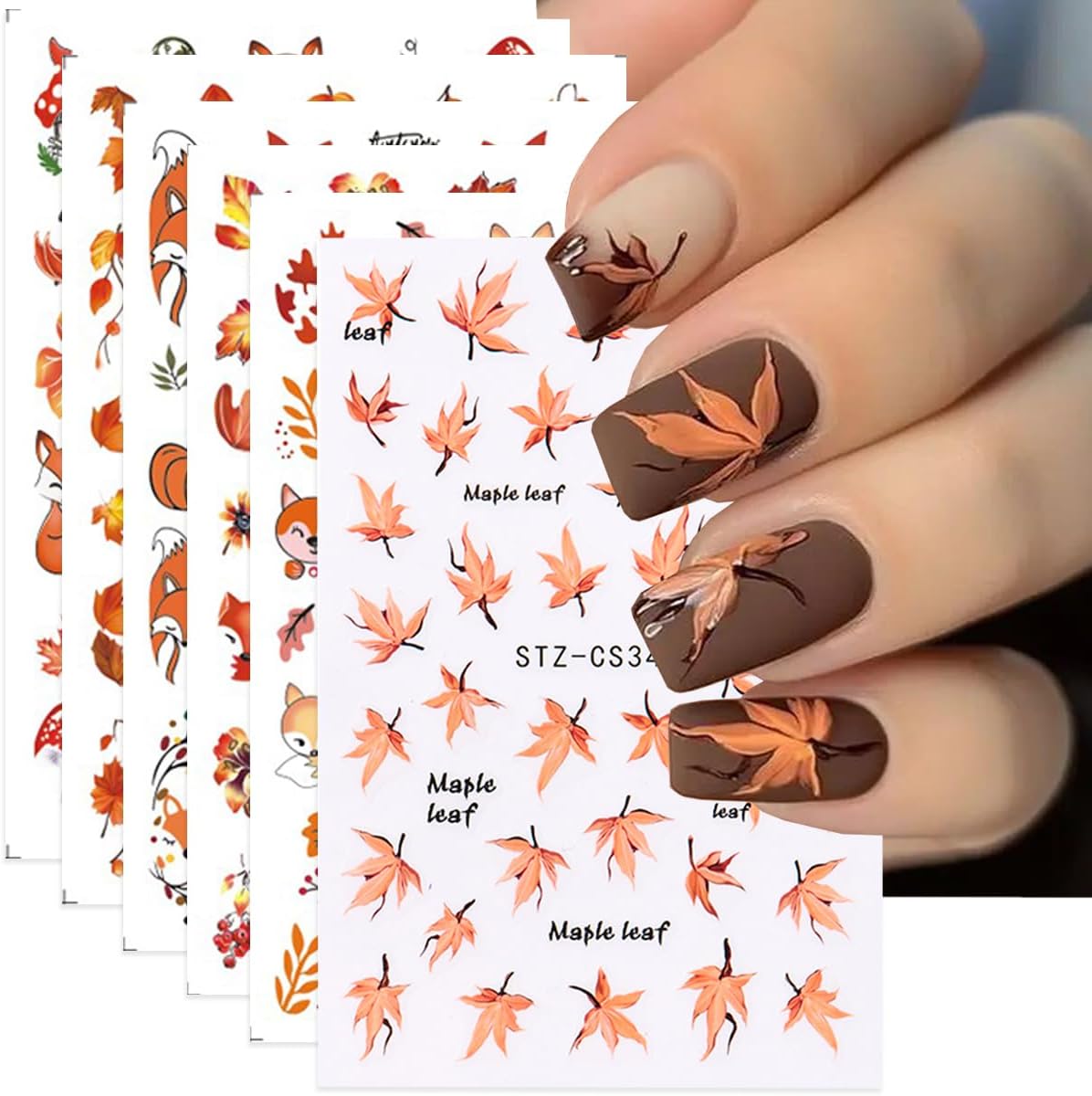 Fall Nail Art Stickers Autumn Maple Leaf Nail Decals 6PCS Maple Leaves Foxes Pumpkin Nails Design 3D Self-Adhesive Thanksgiving Day Nail Art Decorations Supplies Fall Stickers for Nails Manicure Decor