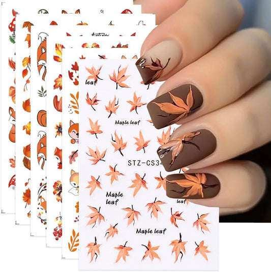 Fall Nail Art Stickers Autumn Maple Leaf Nail Decals 6PCS Maple Leaves Foxes Pumpkin Nails Design 3D Self-Adhesive Thanksgiving Day Nail Art Decorations Supplies Fall Stickers for Nails Manicure Decor