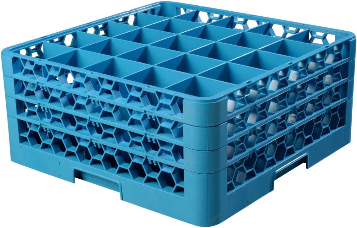 Carlisle FoodService Products Opticlean 25-Compartment Divided Glass Rack with 3 Extenders, Plastic, 19.875 x 19.875 x 8.5 Inches, Carlisle Blue