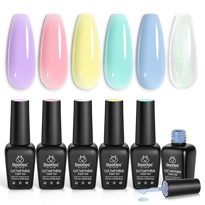 Beetles Pastel Gel Polish Set - 6 Colors Yellow Purple Mint Green Gel Polish Blue Jelly Rainbow Shimmer Gel Nail Polish Manicure at Home Gifts for Women