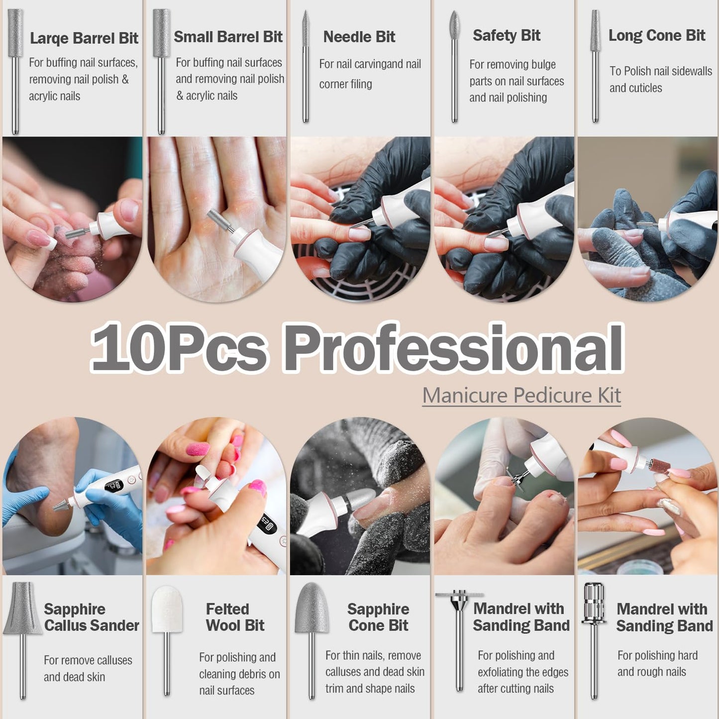 Electric Nail File, 10 Speeds Cordless Nail Drill with LED Light, Portable Manicure Pedicure Kit for Acrylic Gel Nails Thick Toenails Nail Grind, Hand Natural Nails Care - 10 Bits & 120 Sanding Bands