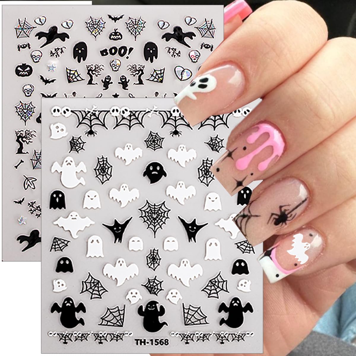 6 Sheets Halloween Bat Spiders Nail Art Stickers Black White Ghost Nail Decals Pumpkin Spider Web Skull Design Goth Nails Sticker Halloween Nails Decoration for Women DIY Holiday Manicure Supplies