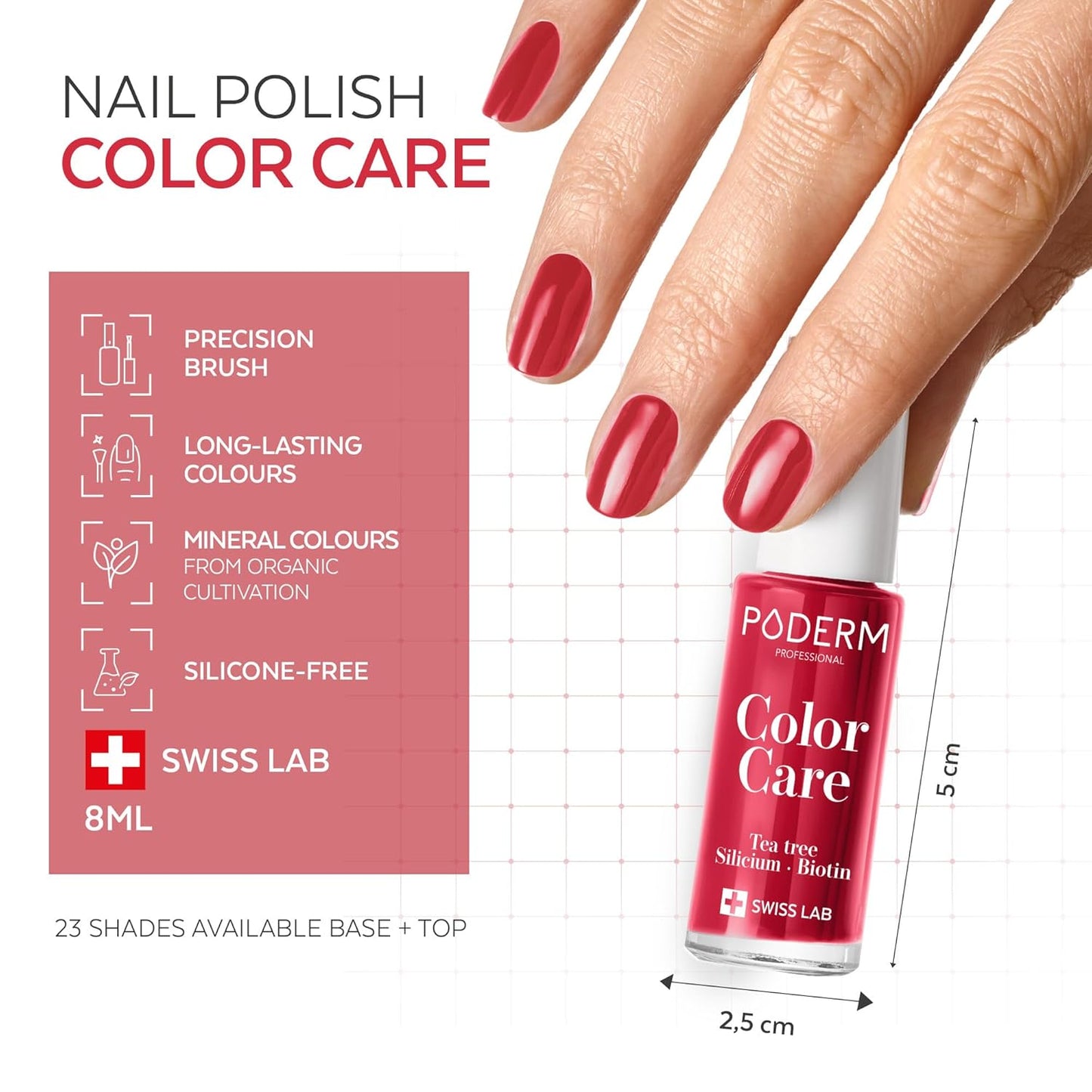 PODERM - Nail Polish – Enriched with Tea Tree – Improves nail appearance – Ingredients Natural/Vegan - foot/hand - Swiss Made (Cherry Red)