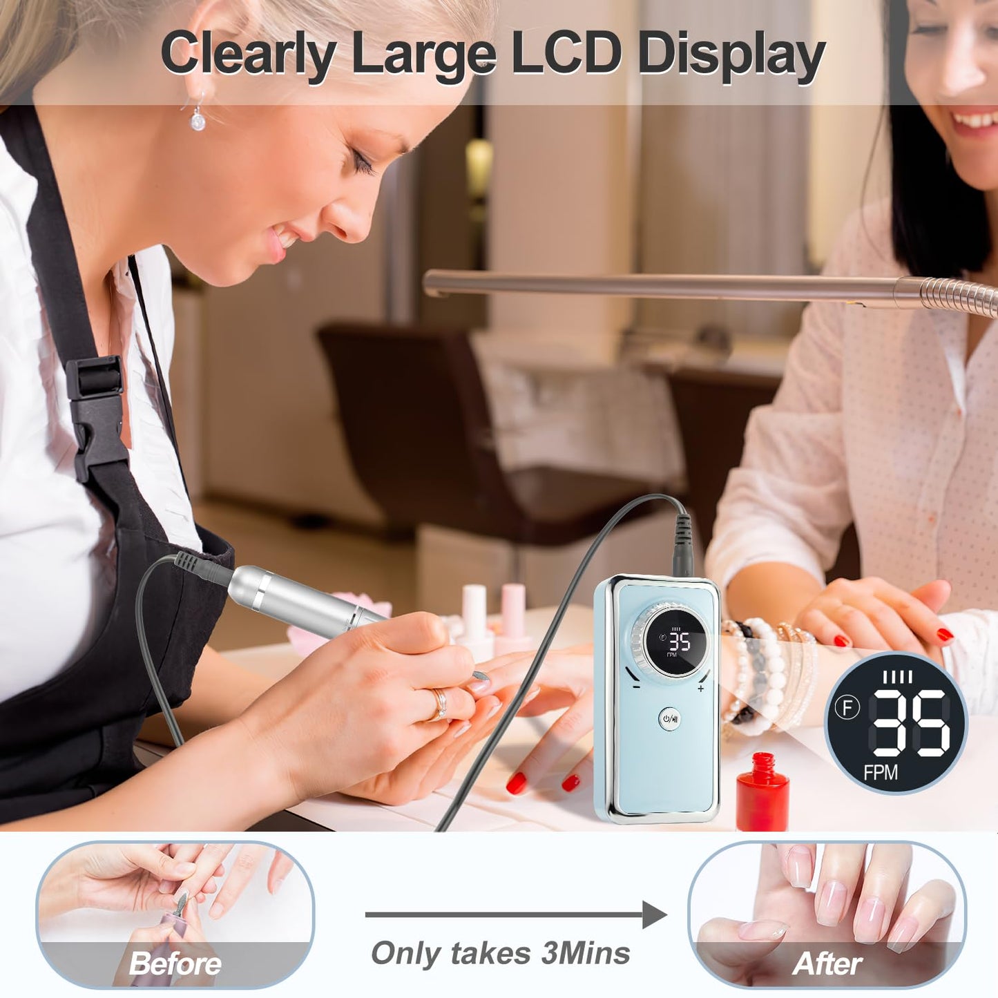 Rechargeable Nail Drill Macine, 35000RPM Professional Electric Efile Nail Drill with LCD Display for Acrylic Nails Remove, Portable Manicure Pedicure Polishing Tools with everything for Salon Home Use