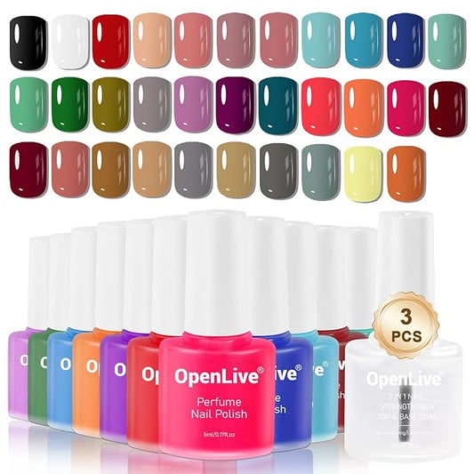 32 Color Perfume Nail Polish Set and 3 PCS Nail Strengthener, Red Pink Pueple and Green Quick Drying Nail Polish Set for Women Salon DIY Nail Art