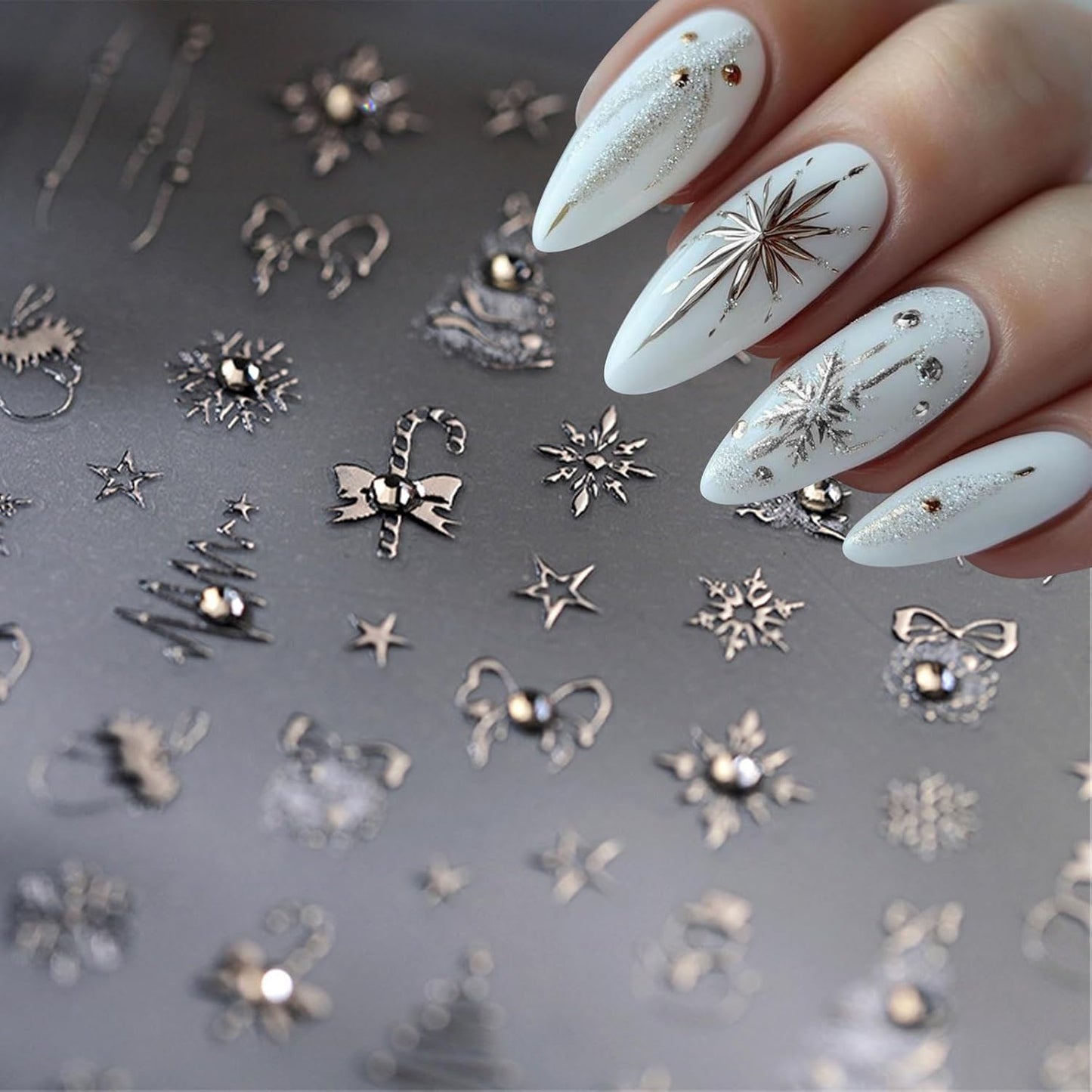 JMEOWIO 3D Embossed Christmas Holiday Snowflake Nail Art Stickers Decals Self-Adhesive 5D Nail Supplies Nail Art Design Decoration Accessories 1 Sheets