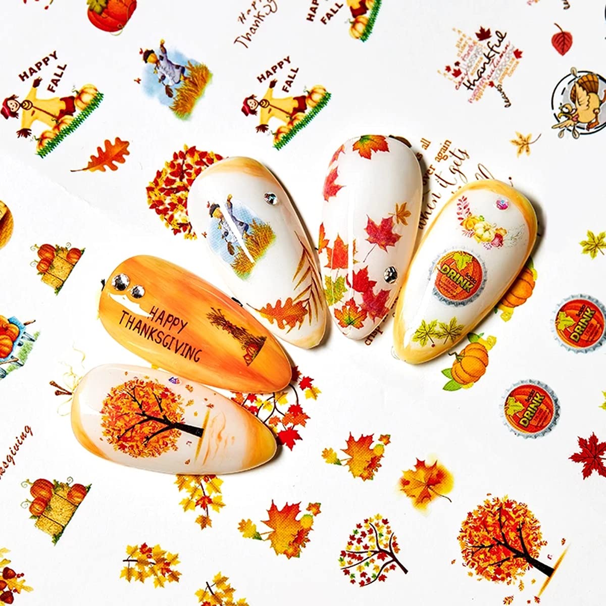12 Sheets Fall Nail Art Stickers Thanksgiving Nail Decals Water Transfer Foils Maple Leaf Pumpkin Turkey Autumn Nail Stickers for Women Girls Kids DIY Fingernail Toenail Decoration Manicure