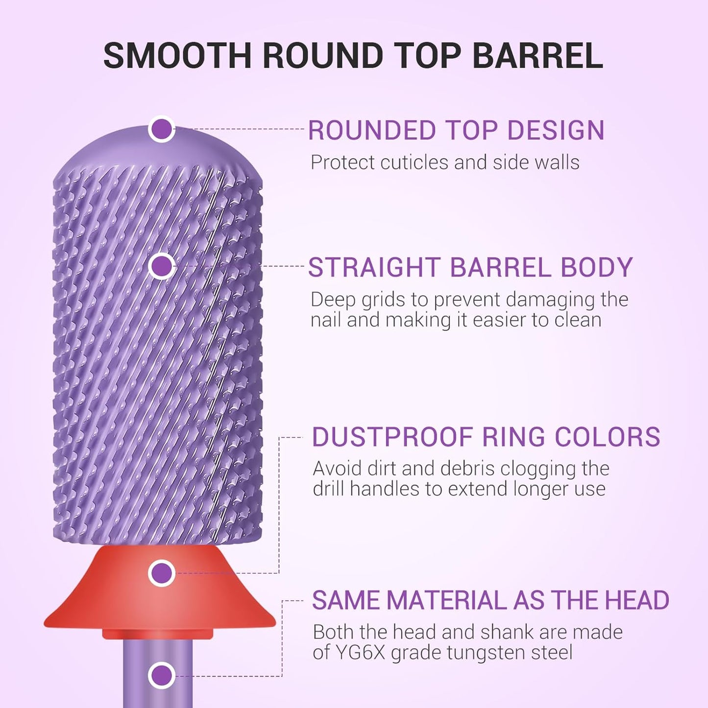 MelodySusie Safety Nail Drill Bits, 3/32'' Smooth Round Top Large Barrel Carbide Bits, Suitable for Manicure Pedicure Cuticle Gel Polishing, Beginners Bits, Purple, Series Bit-S, F