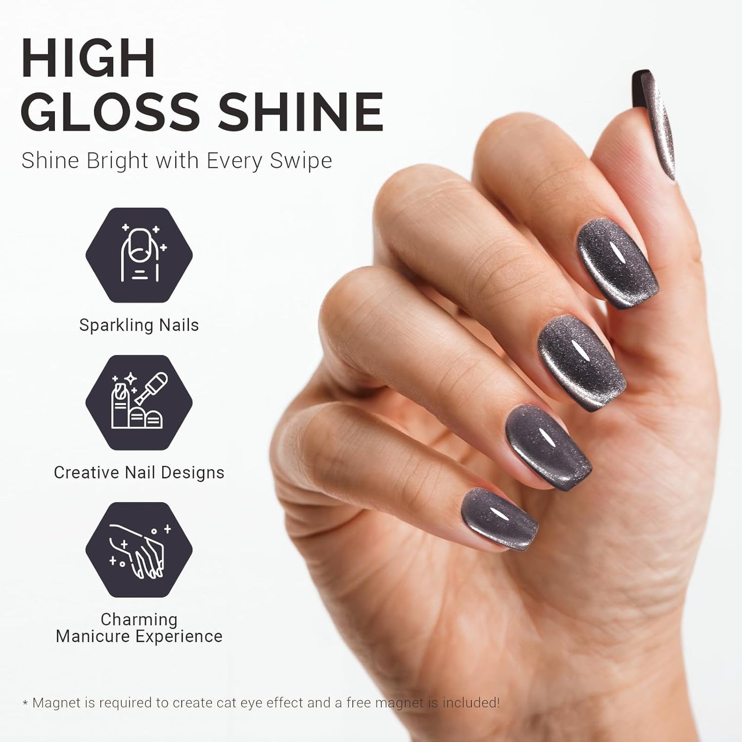 MelodySusie Jeweliver Cat Eye Gel Nail Polish, 0.5 Fl Oz Dark Gray Glitter Holographic Magnetic Nail Polish with Magnet, UV Nail Polish for Nail Art Manicure Salon DIY at Home C6681