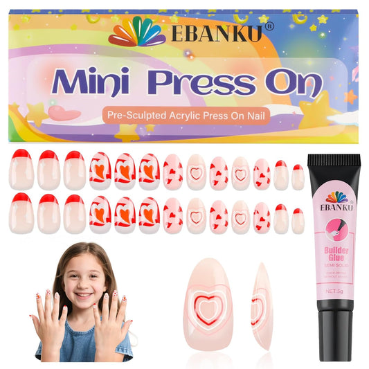 26 Pcs Press on Nails for Girls, EBANKU Fake Nails for Kids 5-12 Years Red Heart False Nails with Nail Glue, Short Full Cover Press on French Nails Tip for Child