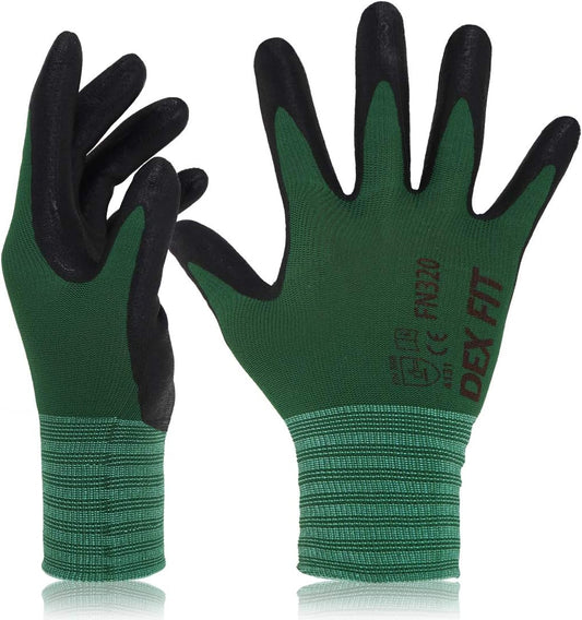 DEX FIT Premium Nylon Nitrile Work Gloves FN320, 3 Pairs, 3D-Comfort Stretchy Fit, Firm Grip, Thin & Lightweight, Durable, Breathable & Cool, Machine Washable; Forest Green 10 (XL)