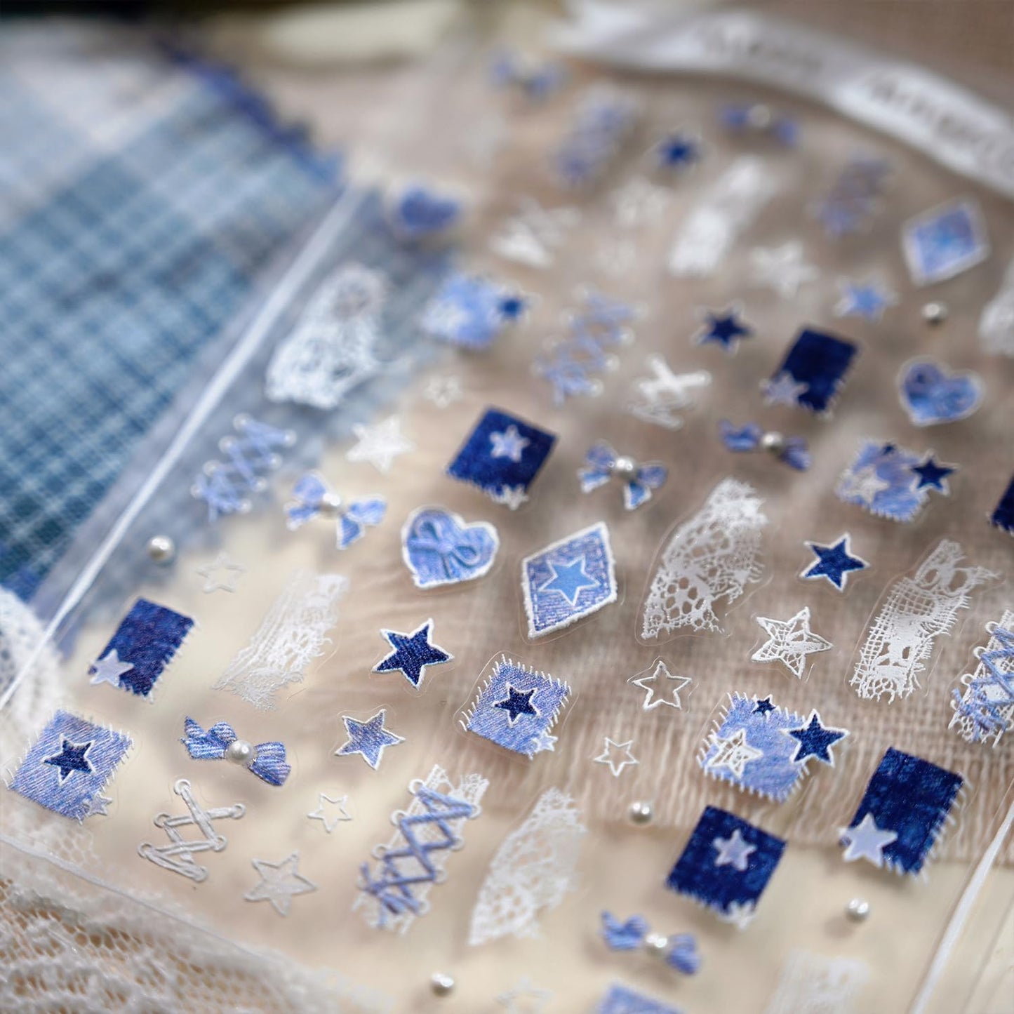 Cowboy Nail Art Stickers Decals 5D Embossed Bow Star Pearls Nail Stickers Self-Adhesive Blue Cowboy Nail Decals Supplies for Women DIY Manicure Decorations 1 Sheets