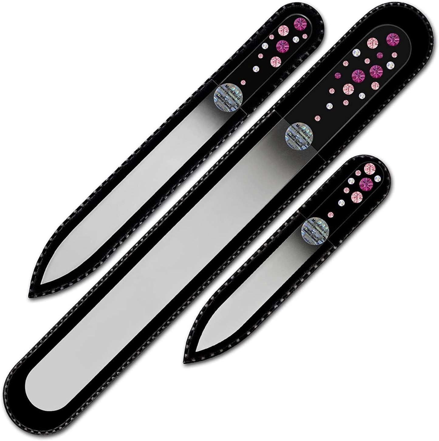Mont Bleu Set of 3 Glass Nail Files Hand Decorated with Crystals - Hand Made, Czech Tempered Glass