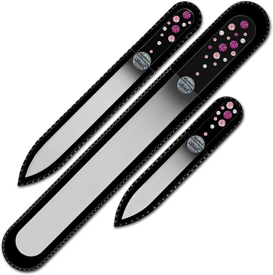 Mont Bleu Set of 3 Glass Nail Files Hand Decorated with Crystals - Hand Made, Czech Tempered Glass