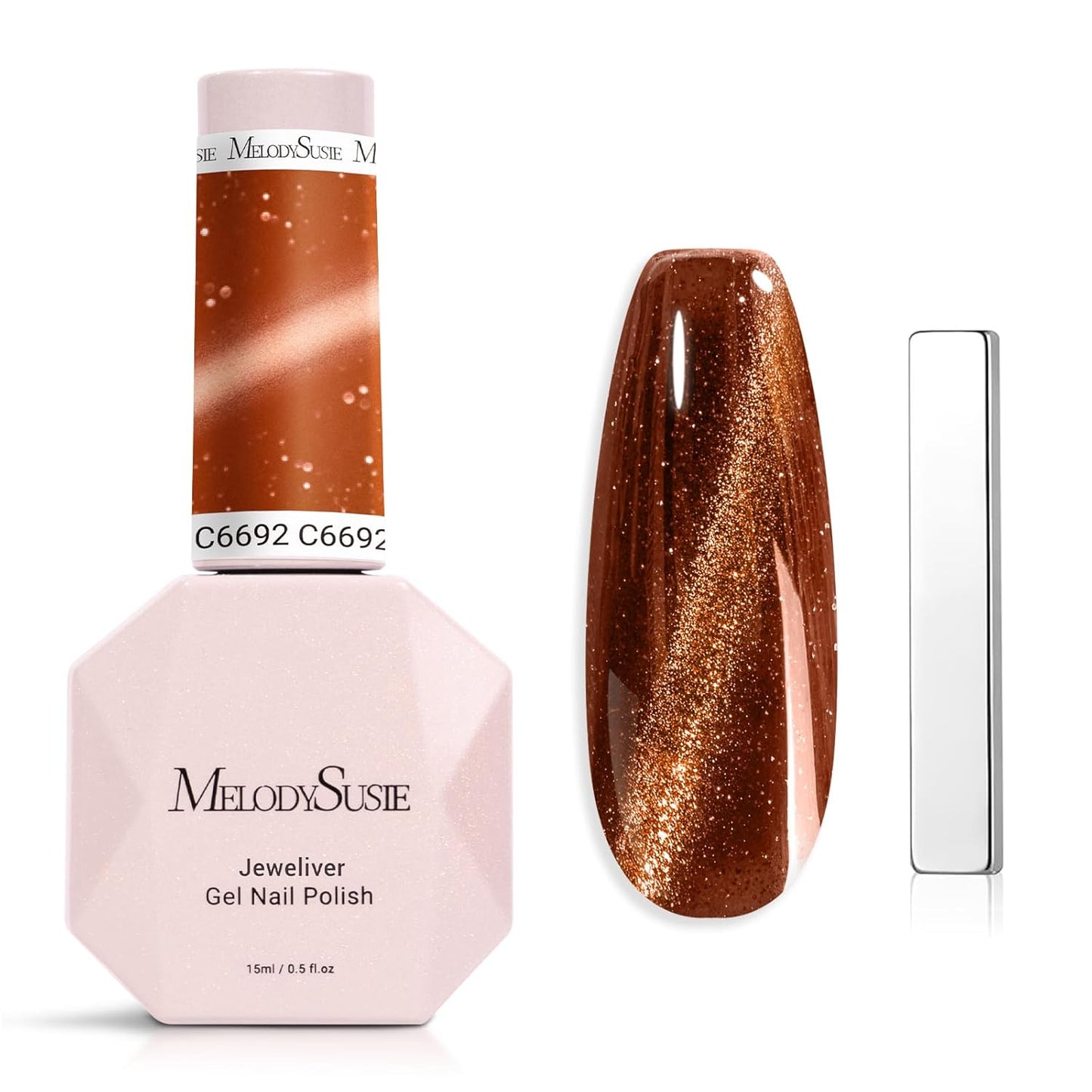 MelodySusie Jeweliver Cat Eye Gel Nail Polish, 0.5 Fl Oz Brown Glitter Holographic Magnetic Nail Polish with Magnet, UV Nail Polish for Nail Art Manicure Salon DIY at Home C6692