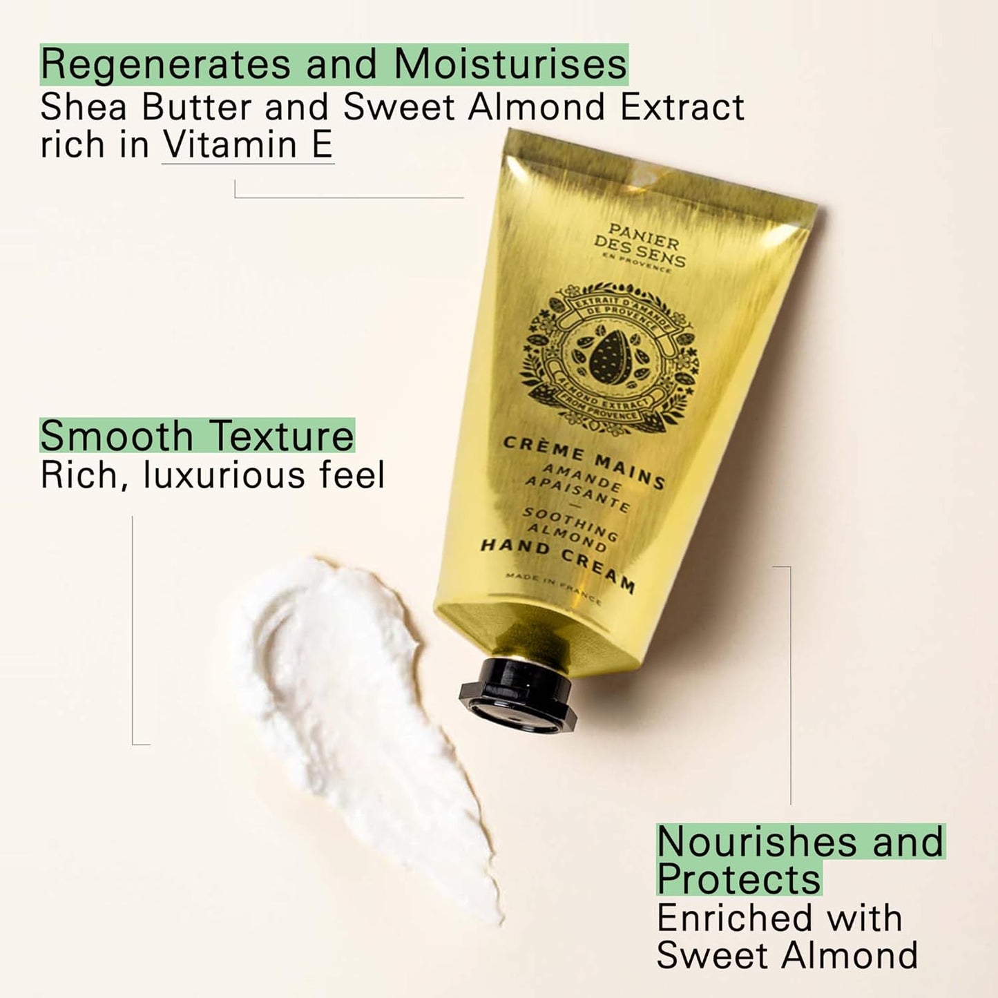 Panier des Sens Almond Hand Cream - Nourishing Shea Butter Hand Cream for Dry Cracked Hands 97% Natural Ingredients - Dermatologically Tested Hand Lotion for Woman Made in France, 2.5 fl oz