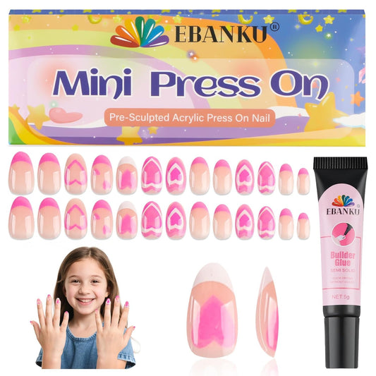 EBANKU 26 Pcs Press on Nails for Kids, Pink Heart Fake Nails for Girls 5-12 Years False Nails Kit with Nail Glue, Short Full Cover Press on Nails Tip for Child