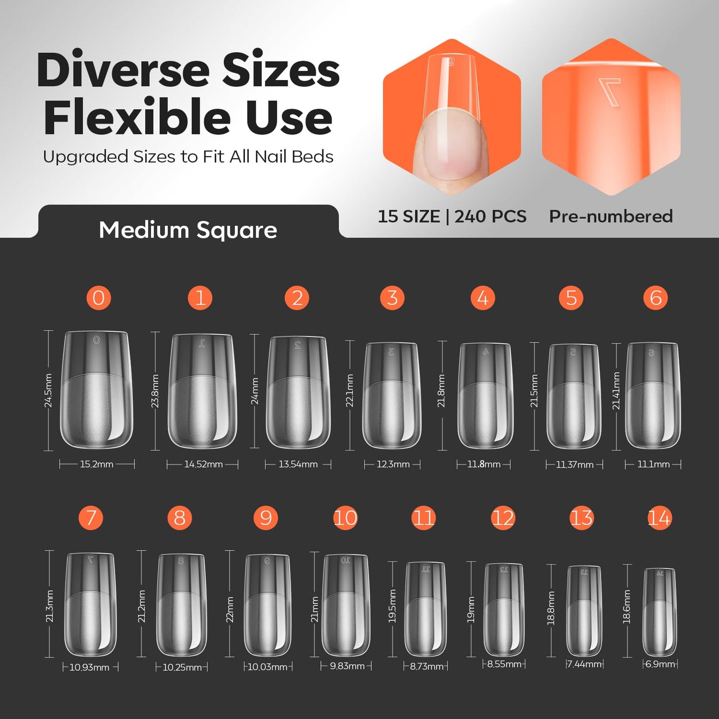modelones Gel Nail Kit Square, 15Sizes False Nail Tips Instant Apex Solid Glue & Mini LED Light, Medium Square Pre-Building Strong Thick Acrylic Press on Tips U/V Lamp Extension Kit Women Gift 240Pcs