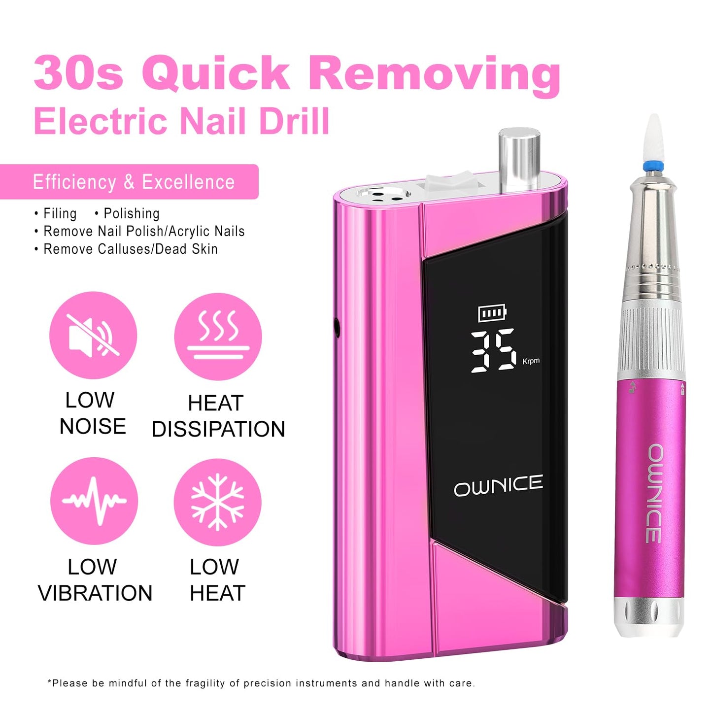 Electric Professional Nail Drill 35000RPM Cordless Portable Nail E-File Buffer Tools with Bits Perfect for Salon Manicure Pedicure Acrylic, Gel, Natural Nails(Rose Pink)